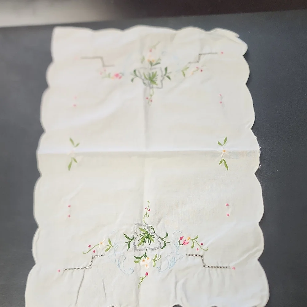 Vintage Handmade Embroidered Tea Towels & Matching Table Runner